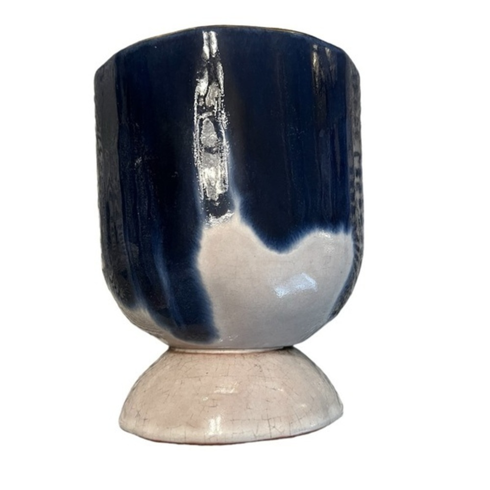 Anthropologie Blue / White Drip Gold Rim Footed Vase Pot Pottery 4.5” x 6”